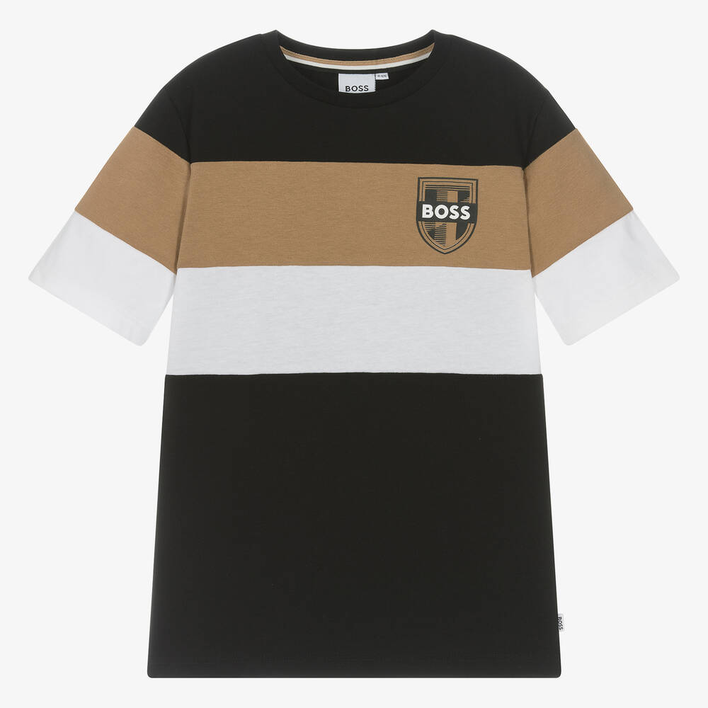 BOSS - Teen Boys Black Stripe Cotton T-Shirt | Childrensalon