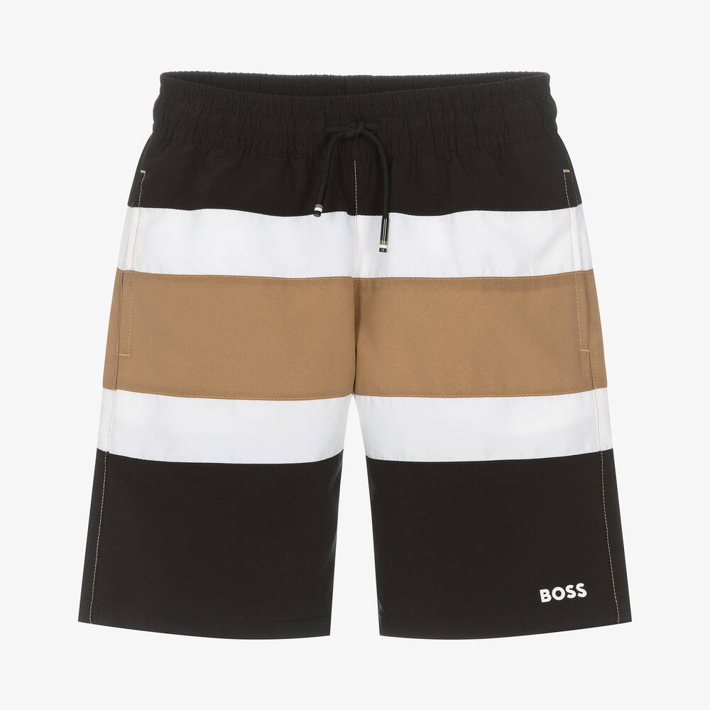 BOSS - Teen Boys Black Striped Swim Shorts | Childrensalon