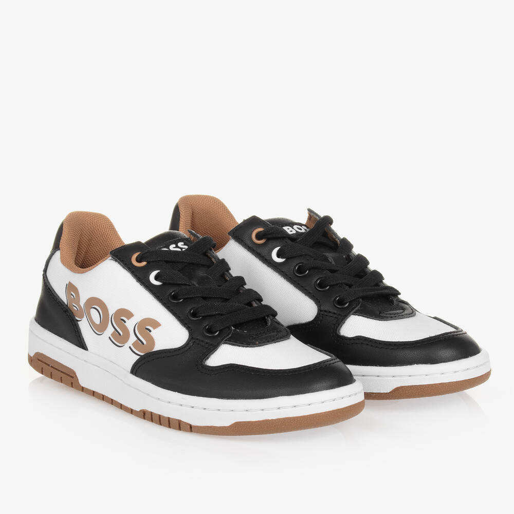 BOSS - Teen Boys Black & White Leather Lace-Up Trainers | Childrensalon