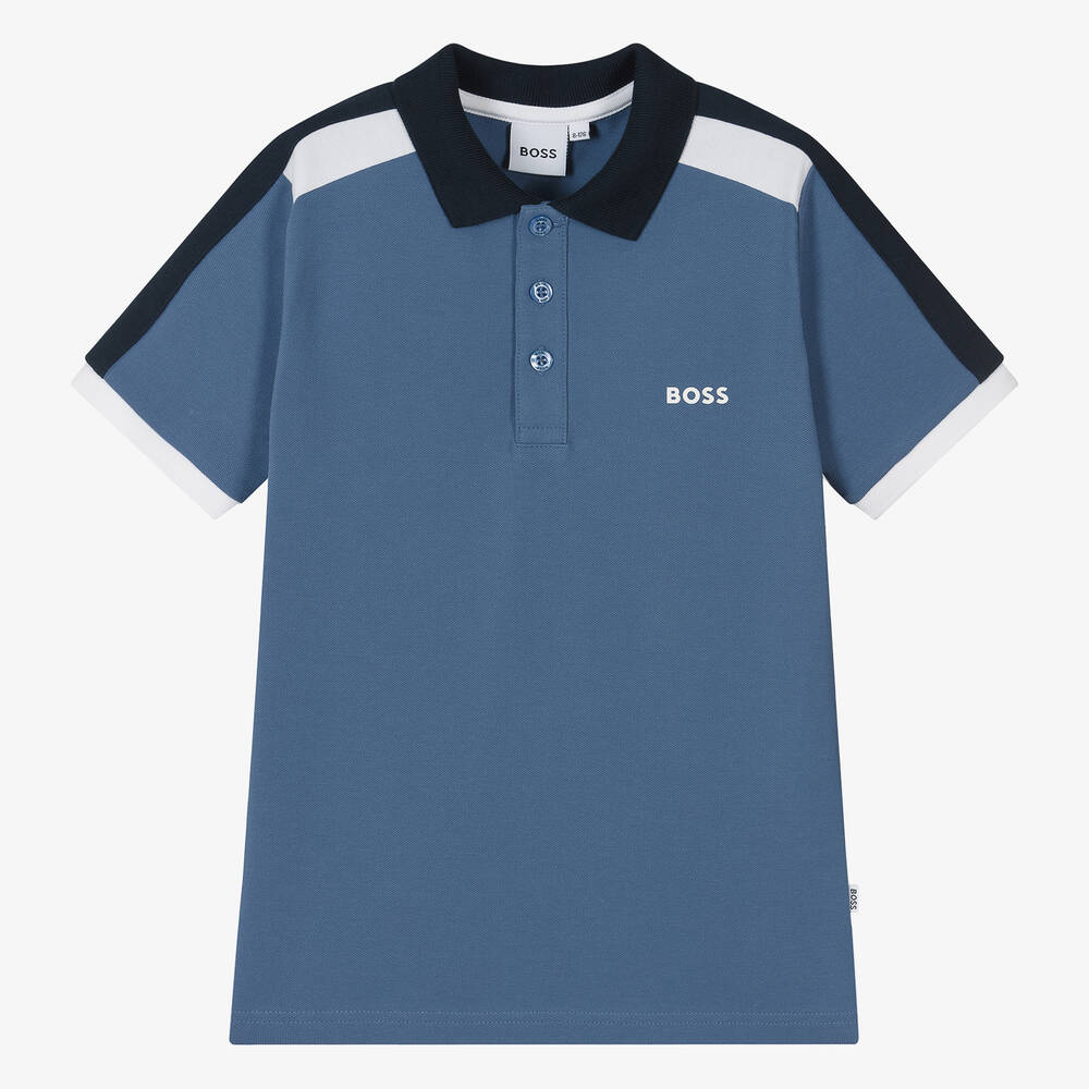 BOSS - Teen Boys Blue Cotton Piqué Polo Shirt | Childrensalon