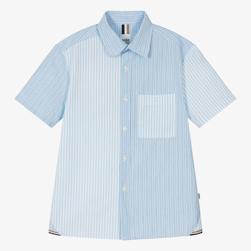 BOSS - قميص قطن بوبلين مقلم لون أزرق فاتح للمراهقين | Childrensalon