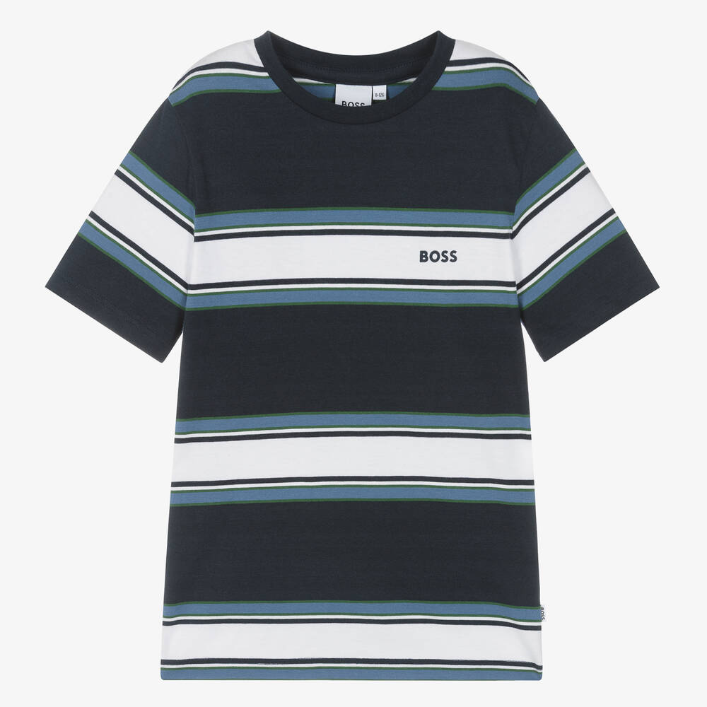 BOSS - Teen Boys Blue Cotton Striped T-Shirt | Childrensalon