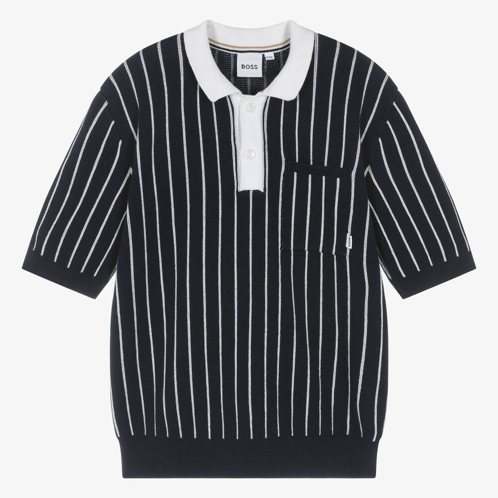 BOSS - Teen Boys Blue Striped Cotton Knit Polo Shirt | Childrensalon