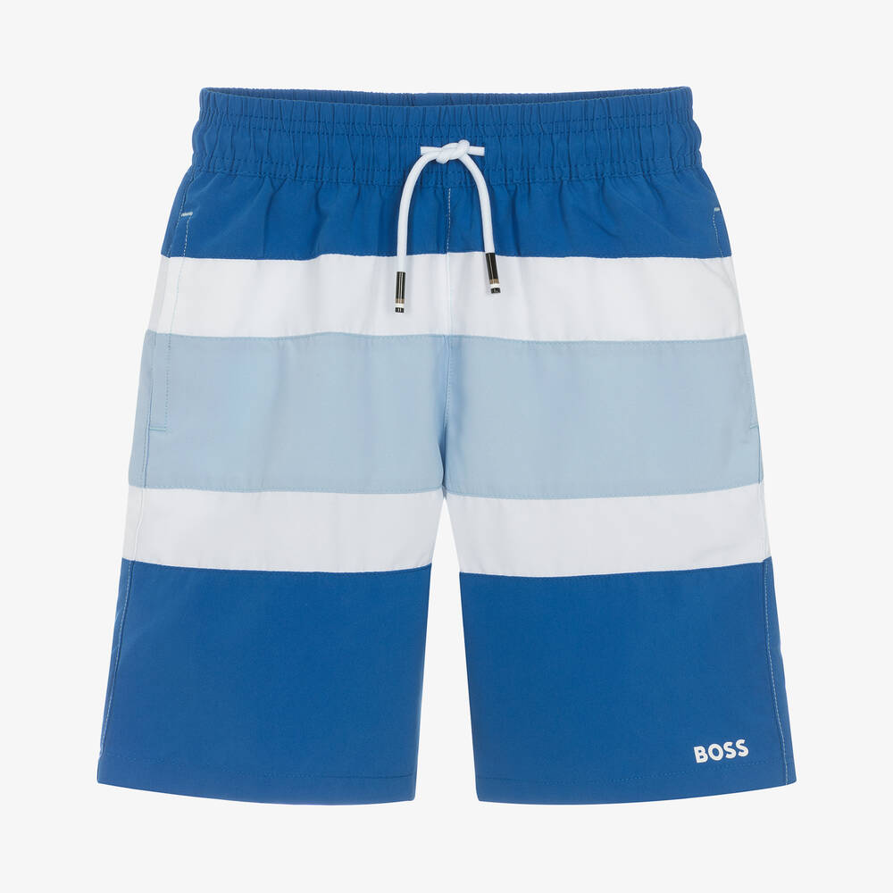 BOSS - Teen Boys Blue Striped Swim Shorts | Childrensalon