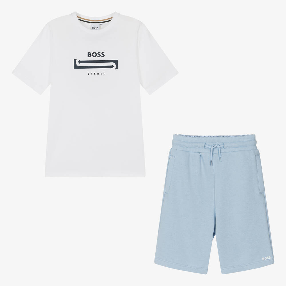 BOSS - Teen Boys Blue & White Cotton Shorts Set | Childrensalon