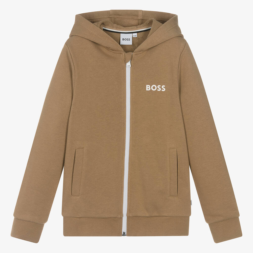 Hugo Boss Boss Teen Boys Dark Beige Cotton Zip-up Hoodie