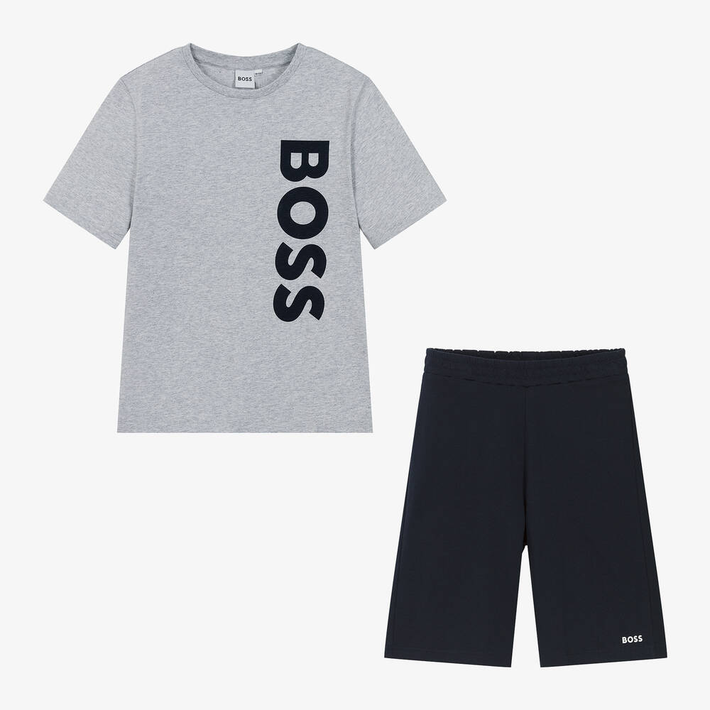 BOSS - Teen Boys Grey & Blue Cotton Short Pyjamas | Childrensalon