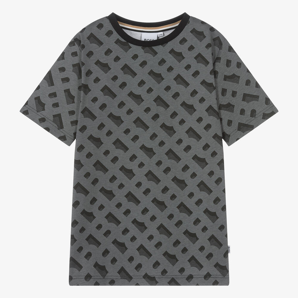 BOSS - Teen Boys Grey Cotton Monogram T-Shirt | Childrensalon