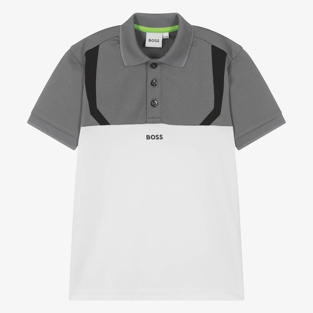 BOSS - Teen Boys Grey & White Polo Shirt | Childrensalon