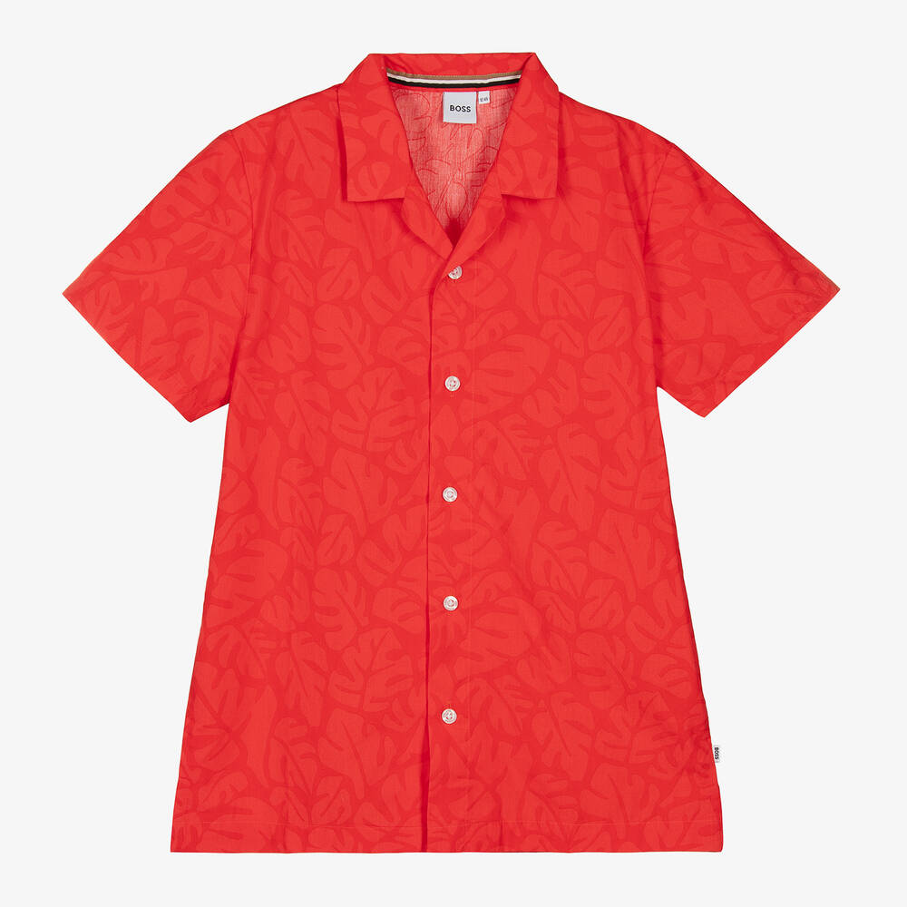 BOSS - Teen Boys Red Cotton Leaf Print Shirt | Childrensalon