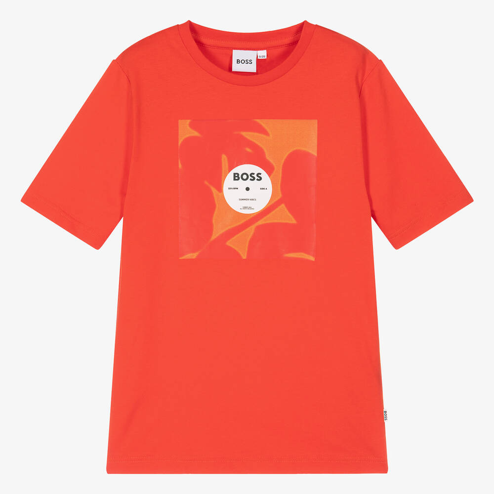 Hugo Boss Boss Teen Boys Red Cotton Leaf Print T-shirt