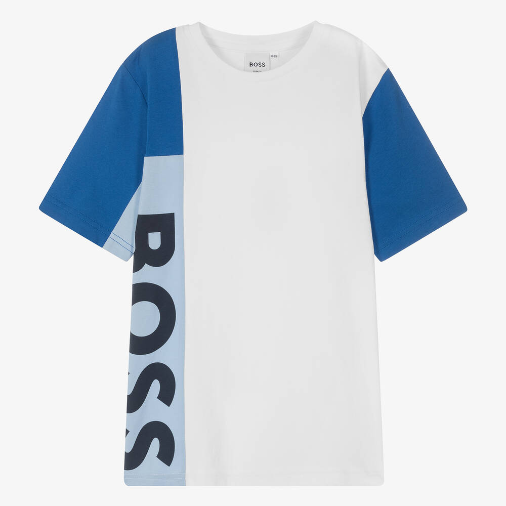 BOSS - Teen Boys White & Blue Cotton T-Shirt | Childrensalon
