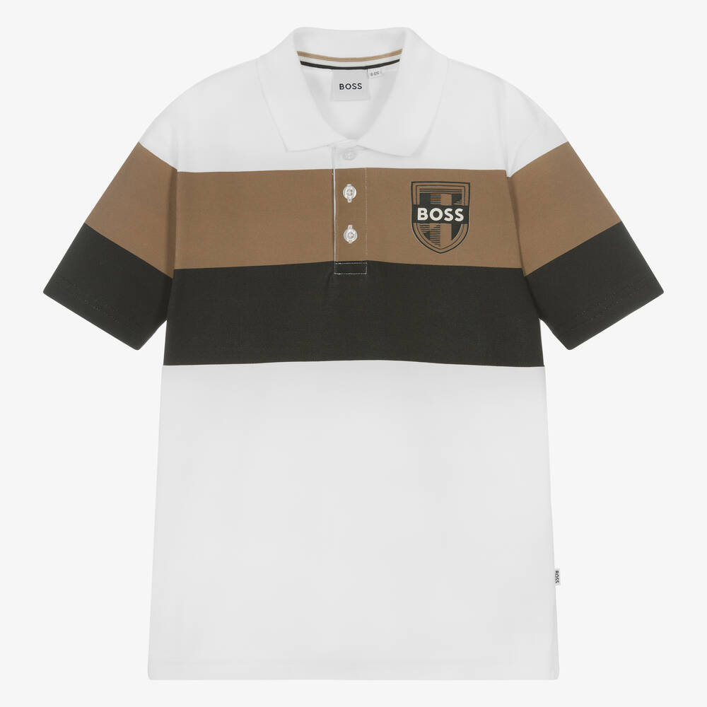 BOSS - Teen Boys White Colourblock Cotton Polo Shirt | Childrensalon