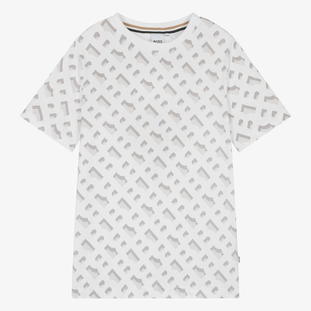 BOSS - Teen Boys White Cotton Monogram T-Shirt | Childrensalon