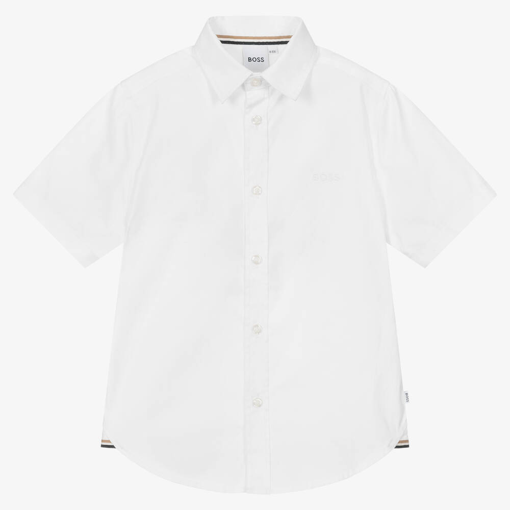 BOSS - قميص تينز ولادي قطن أكسفورد لون أبيض | Childrensalon