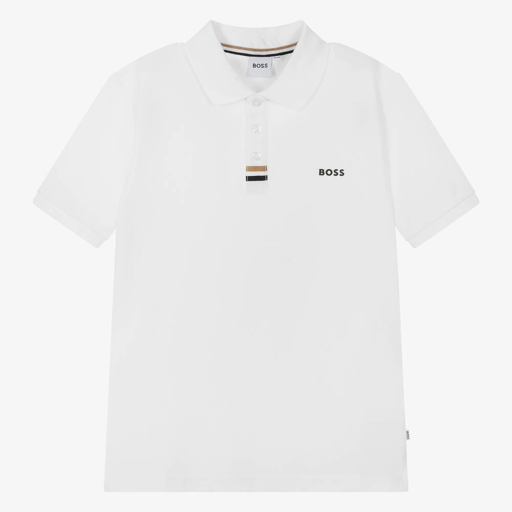 BOSS - Teen Boys White Cotton Piqué Polo Shirt | Childrensalon