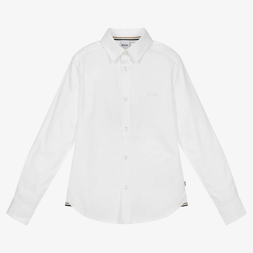 BOSS - قميص قطن أكسفورد لون أبيض للمراهقين | Childrensalon