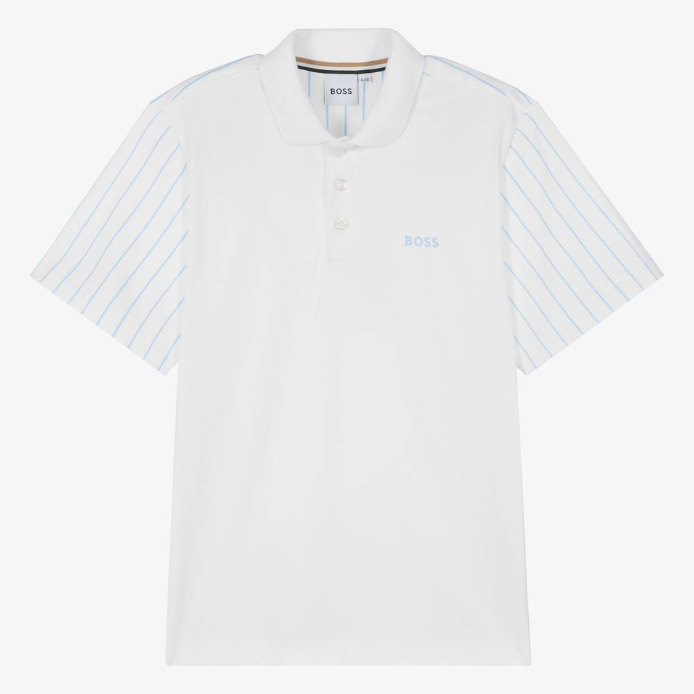 Hugo Boss Boss Teen Boys White Cotton Striped Polo Shirt