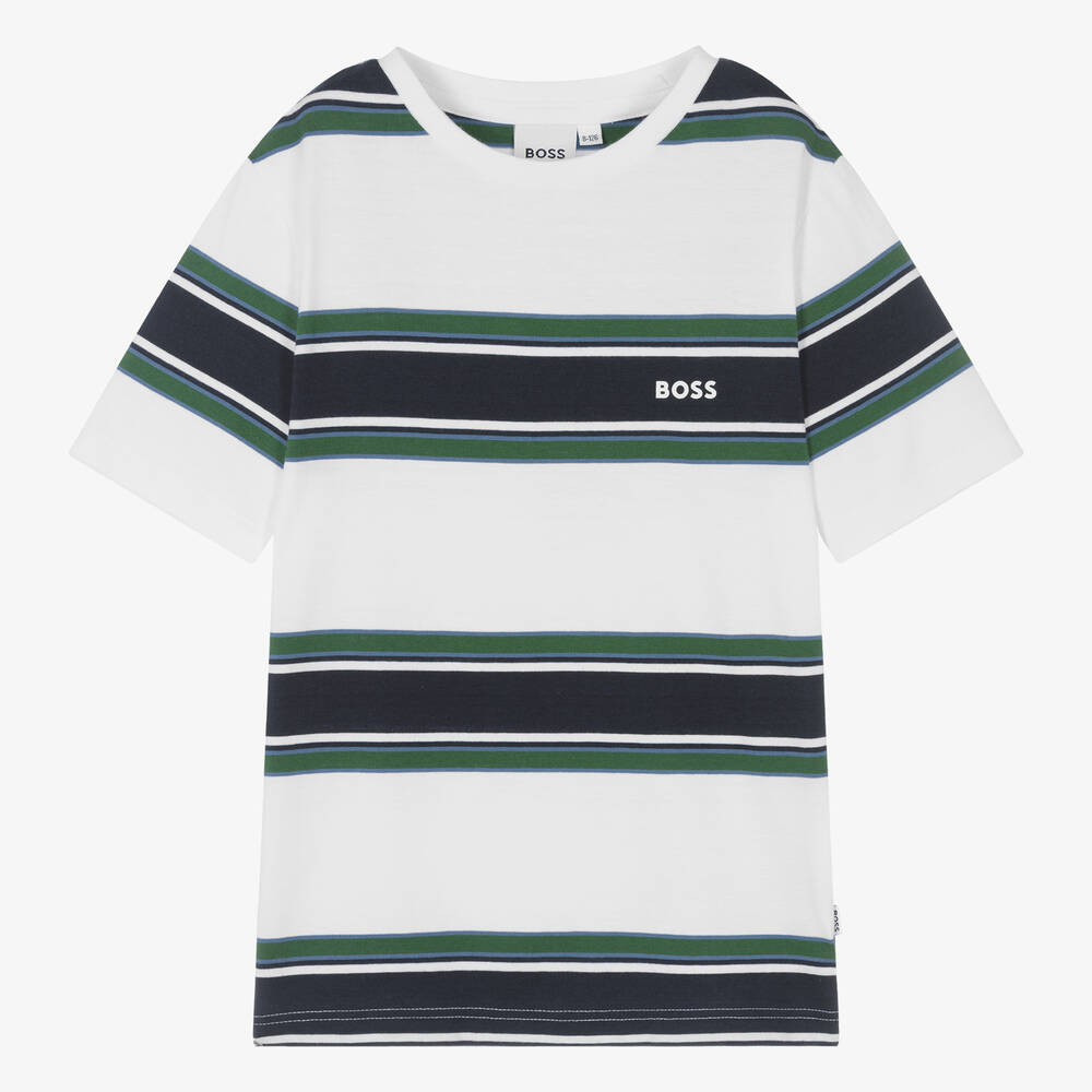 BOSS - Teen Boys White Cotton Striped T-Shirt | Childrensalon