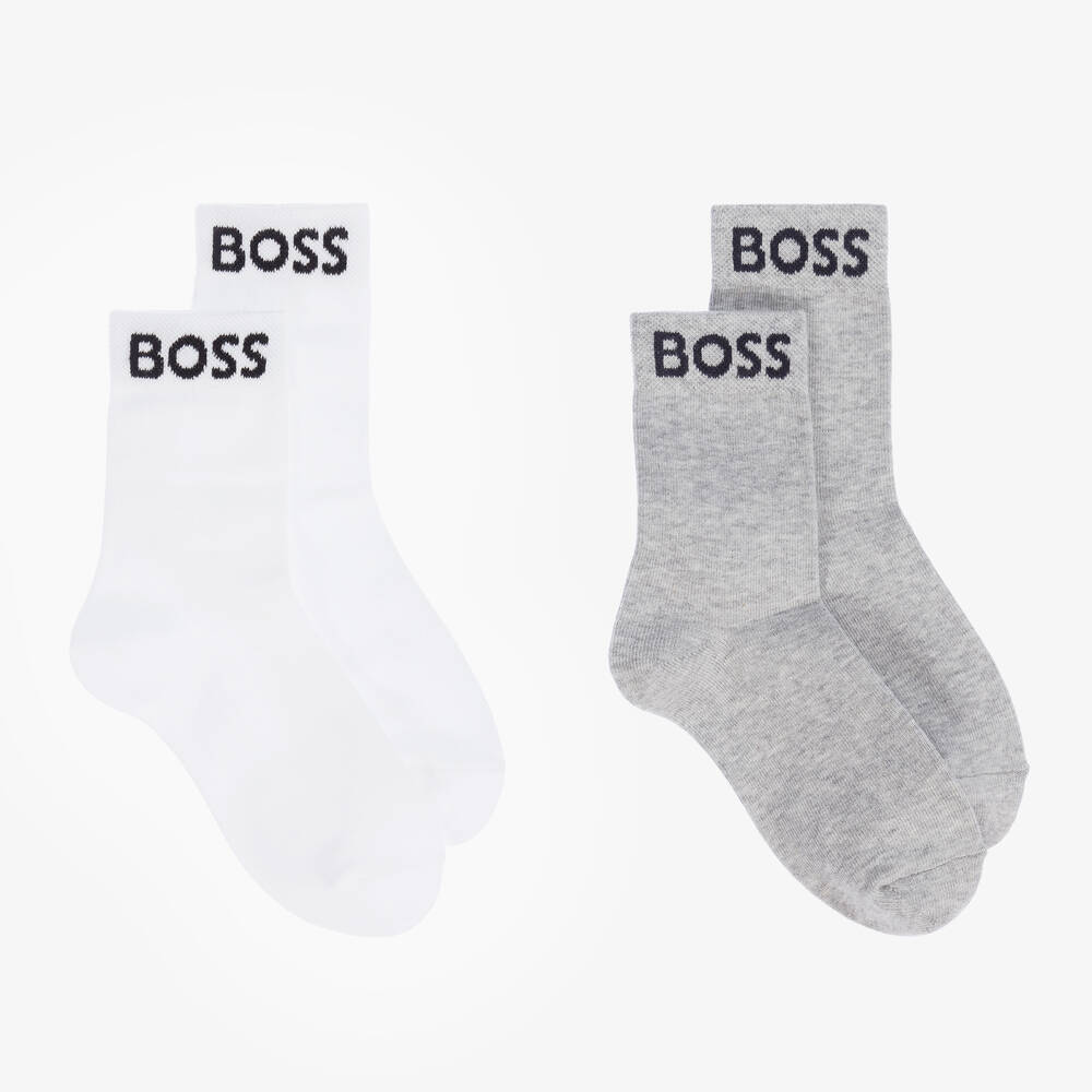 BOSS - Teen Boys White & Grey Socks (2 Pack) | Childrensalon