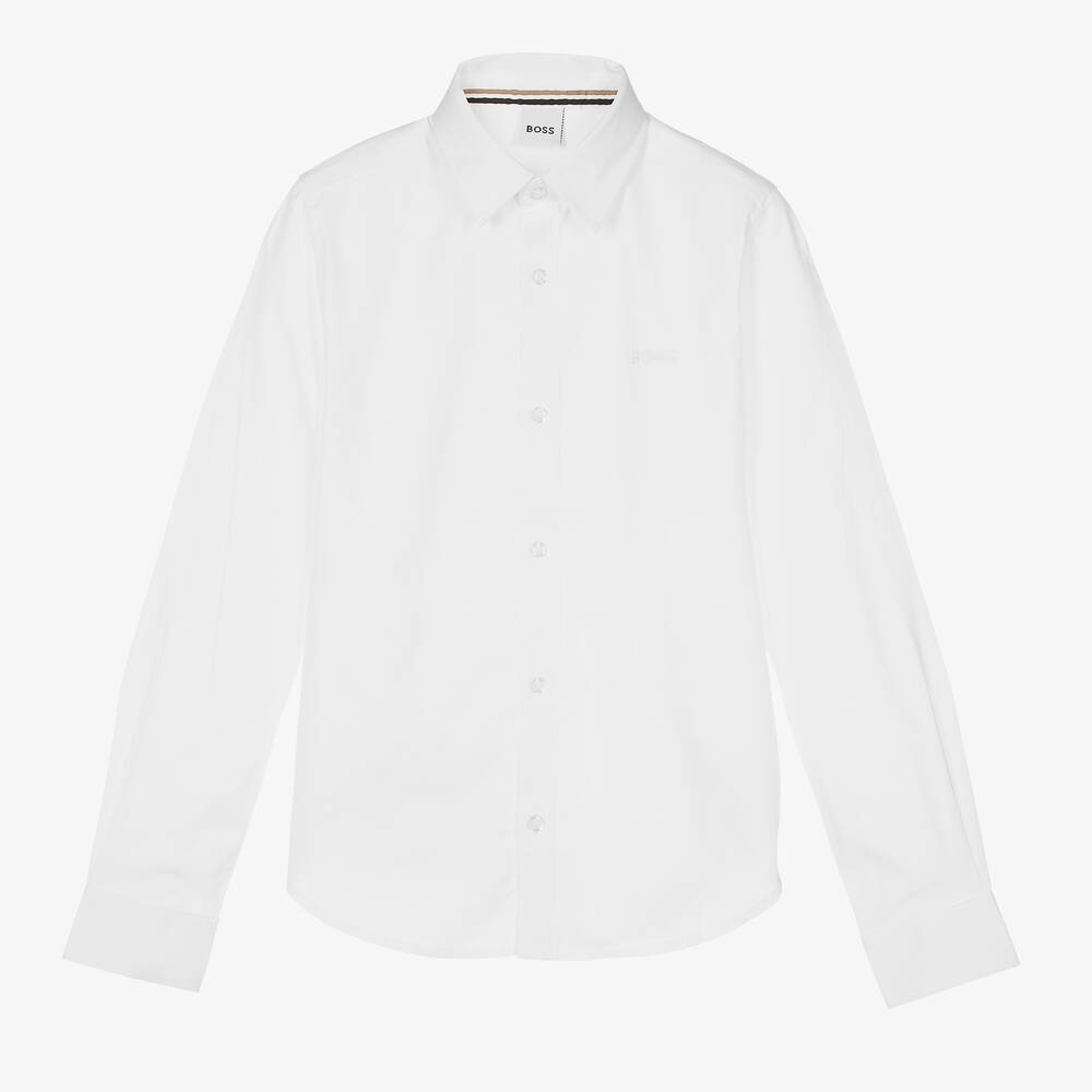 BOSS - قميص تينز ولادي قطن بوبلين لون أبيض | Childrensalon
