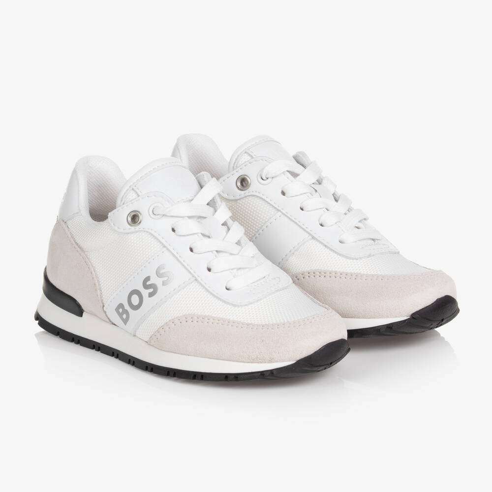 Hugo Boss Teen Boys White Suede Leather Logo Trainers