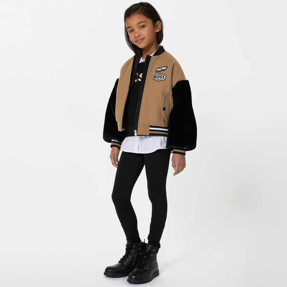 BOSS - Teen Girls Beige & Black Wool Varsity Jacket | Childrensalon
