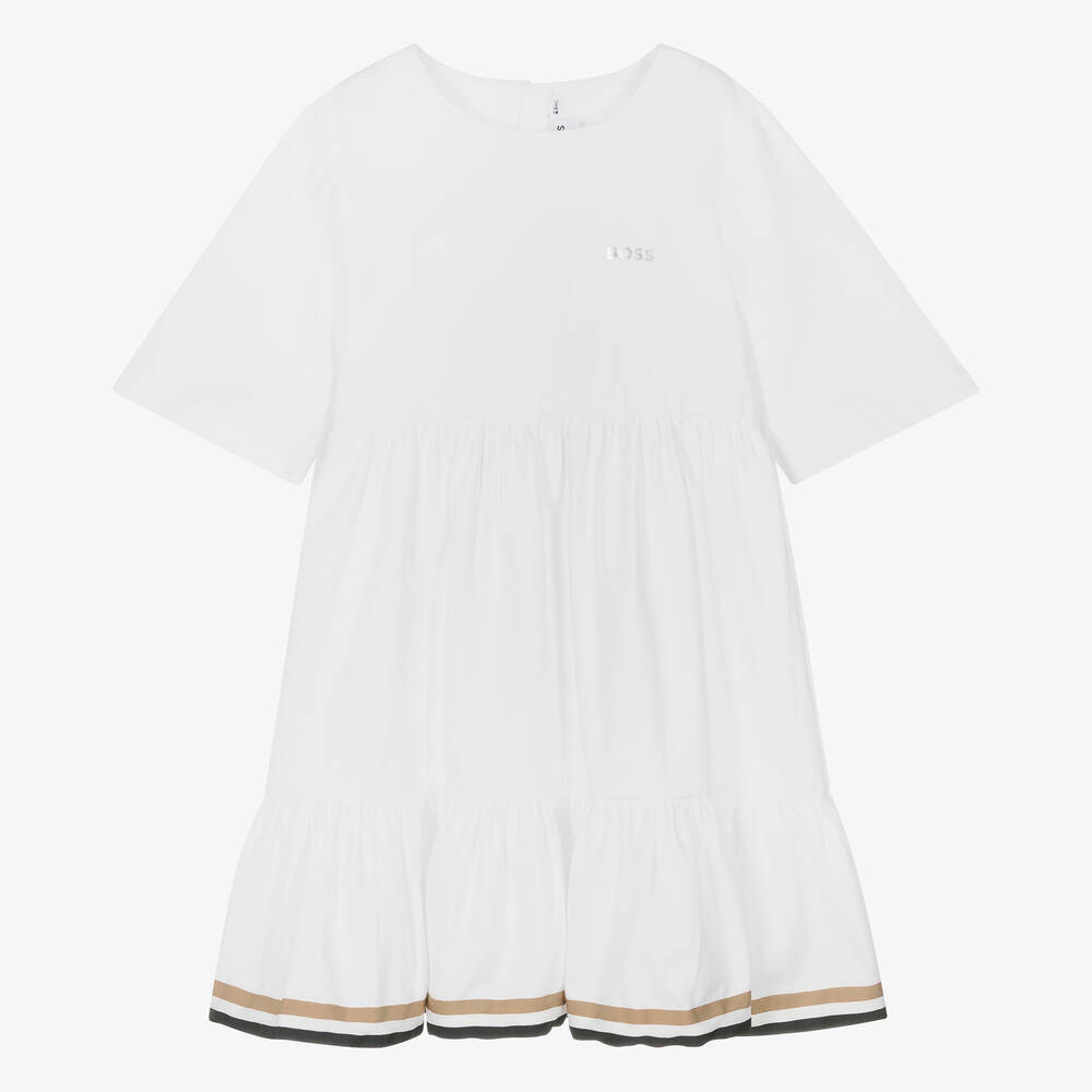 BOSS - فستان بطبقات فيسكوز تويل لون أبيض للمراهقات | Childrensalon