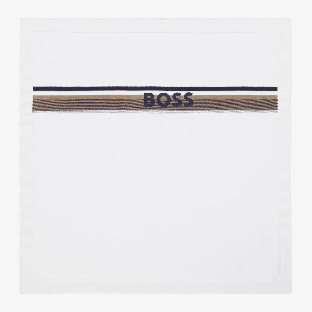 BOSS - White Cotton Knit Blanket (73cm) | Childrensalon