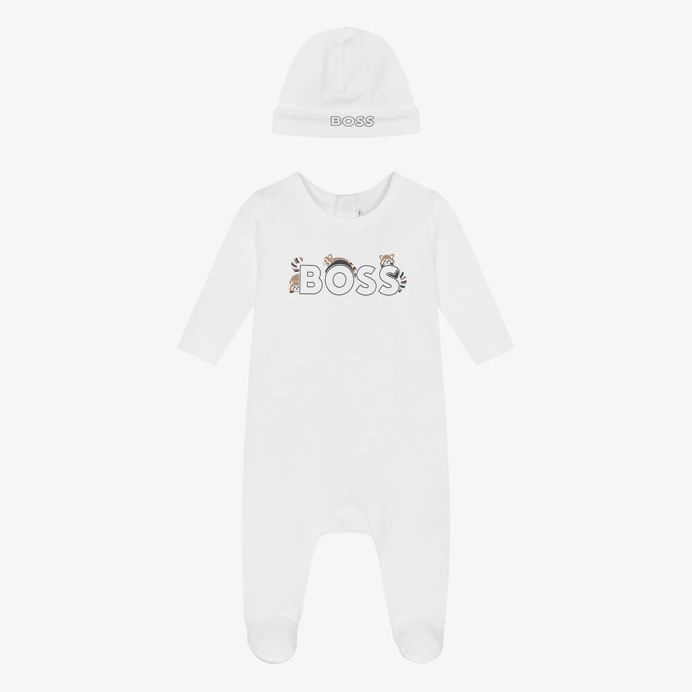 BOSS - White Cotton Raccoon Babysuit Set | Childrensalon