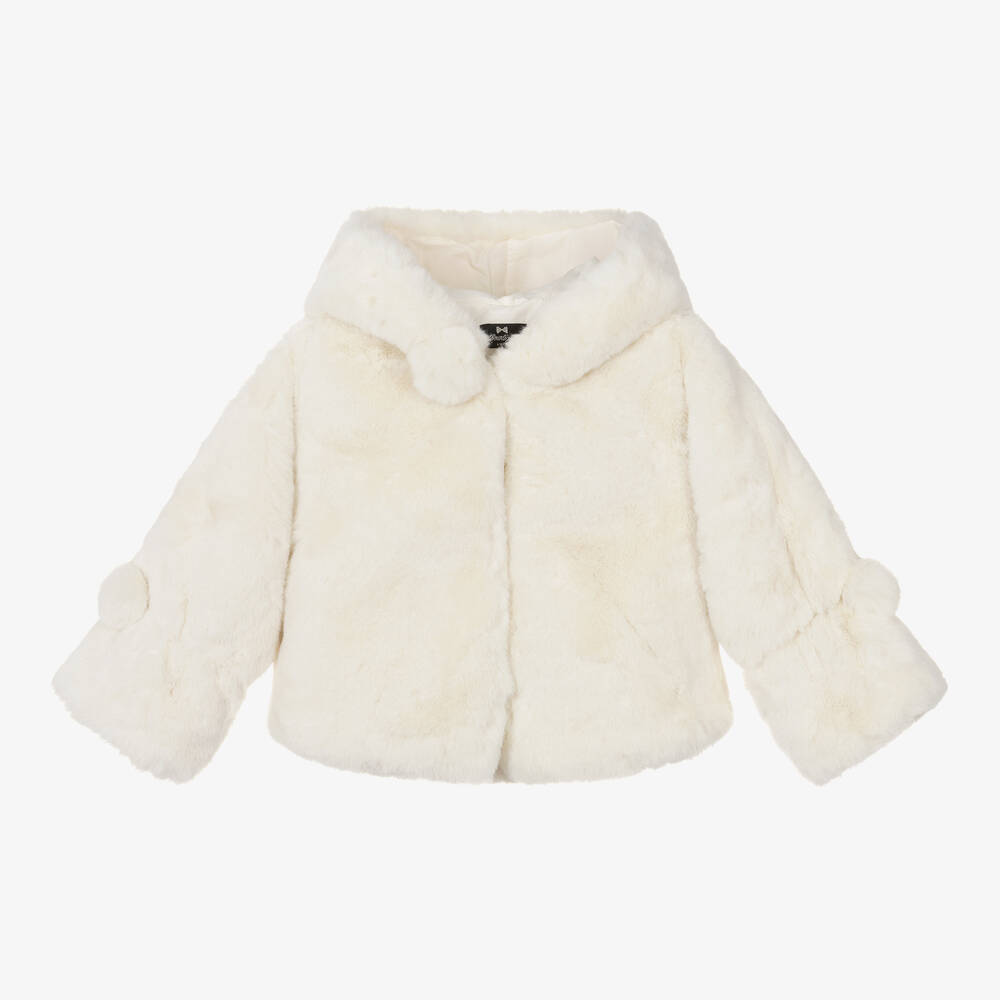 Bowtique London - Girls Ivory Faux Fur Hooded Jacket | Childrensalon