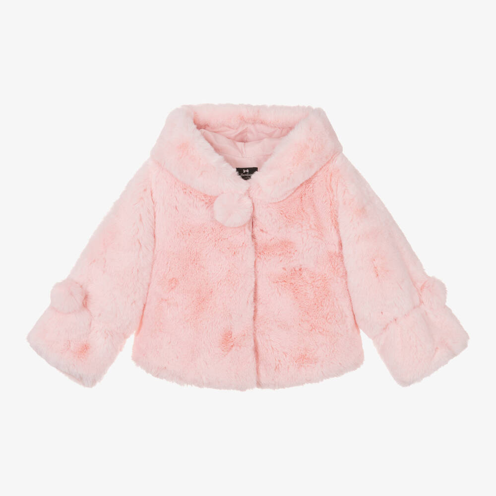 Bowtique London - Girls Pink Faux Fur Hooded Jacket | Childrensalon