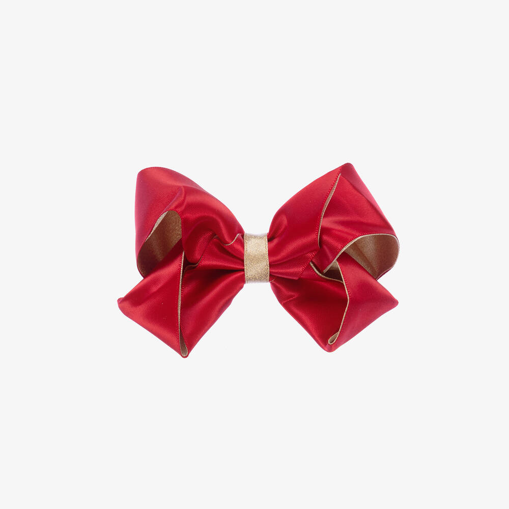 Bowtique London - Girls Red & Gold Satin Bow Hair Clip (11cm) | Childrensalon