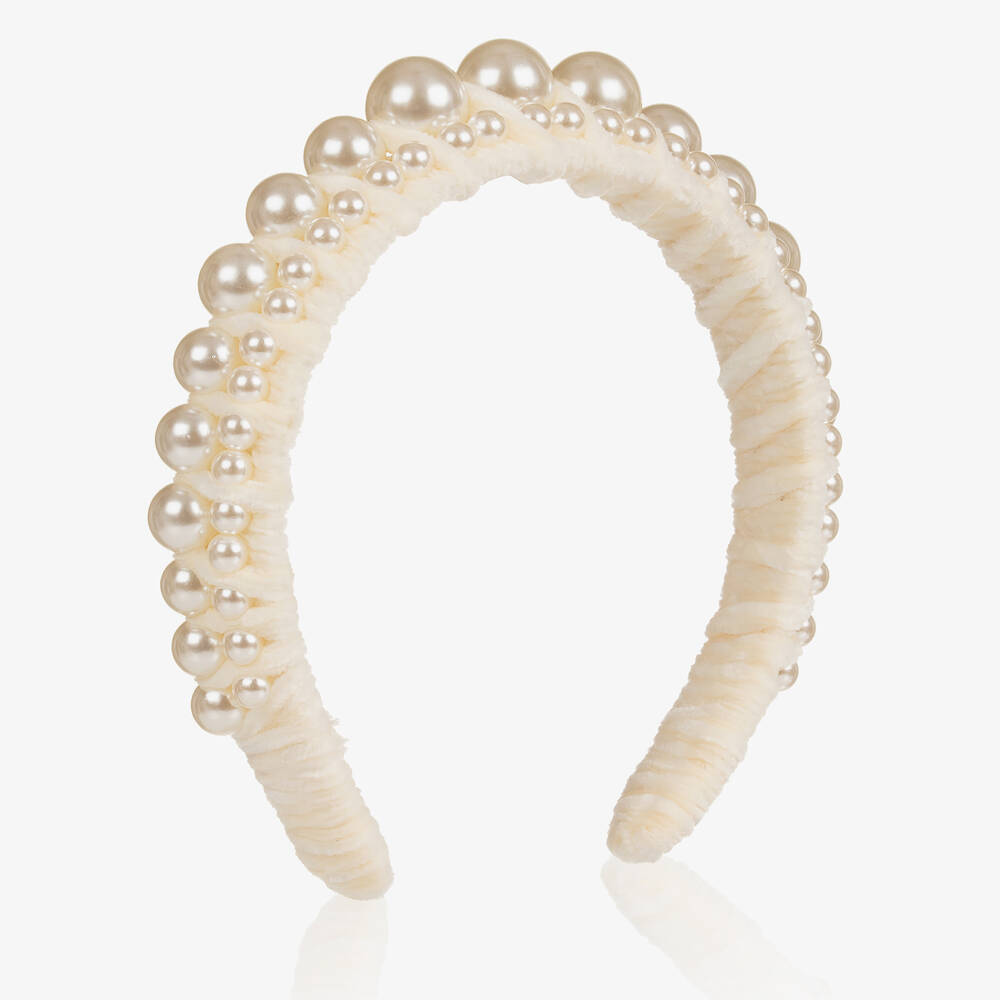 Bowtique London - Serre-tête ivoire en velours et perles | Childrensalon