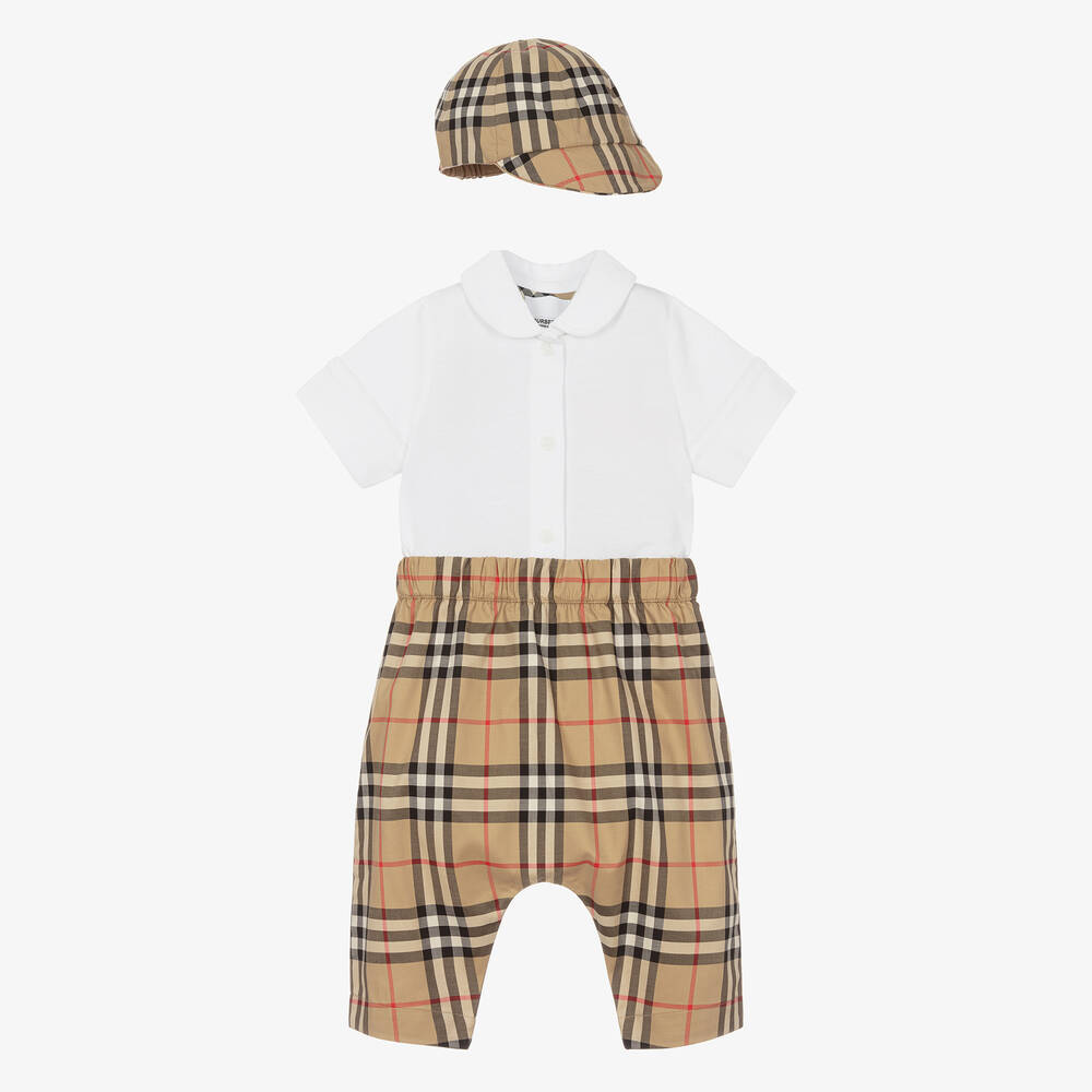 Burberry - Baby Boys Beige Check Cotton Trouser Set | Childrensalon