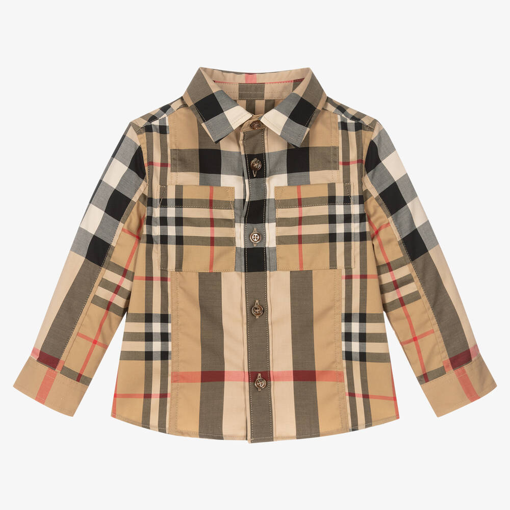 Burberry - قميص قطن تويل كاروهات لون بيج للمواليد  | Childrensalon