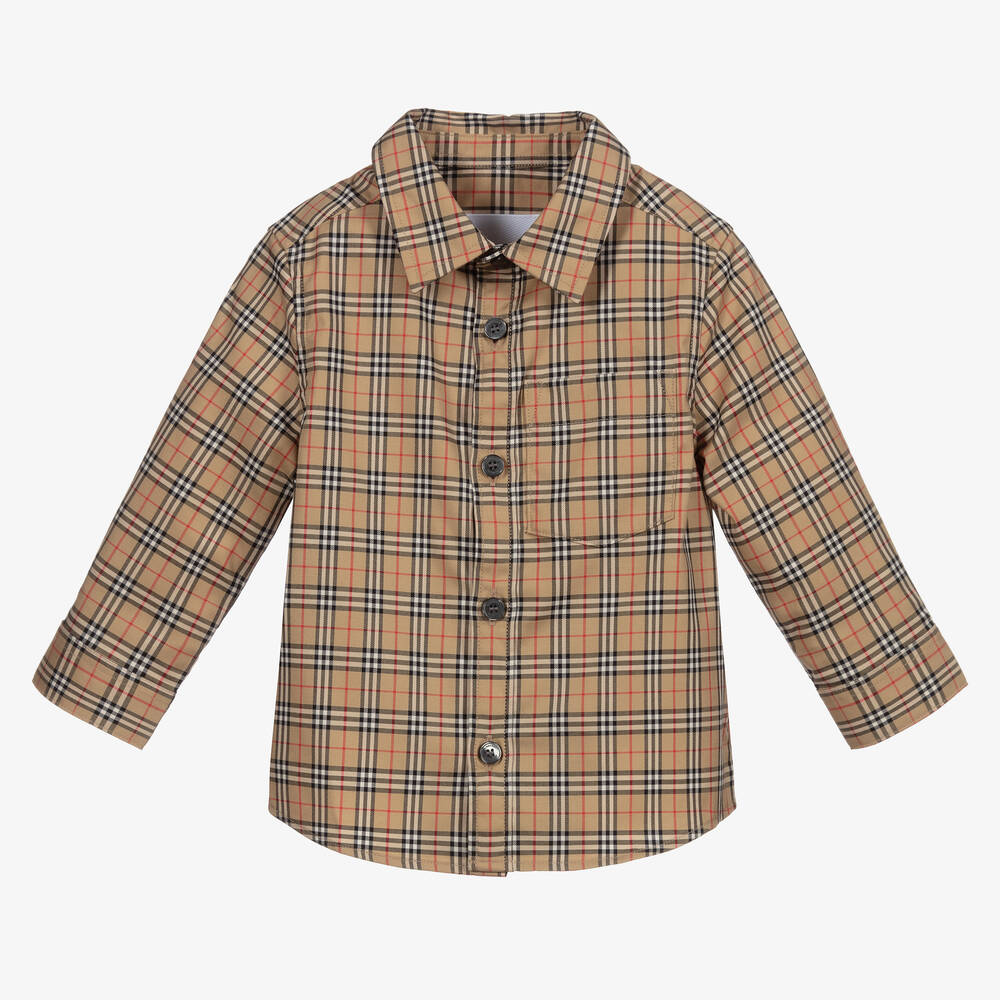 Burberry - قميص قطن تويل كاروهات لون بيج للمواليد | Childrensalon