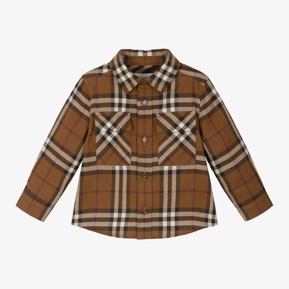 Burberry - قميص قطن تويل كاروهات لون بني للمواليد | Childrensalon