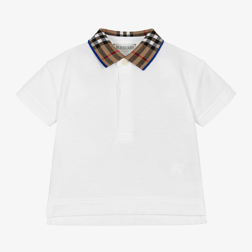Burberry - Baby Boys White Check Polo Shirt | Childrensalon