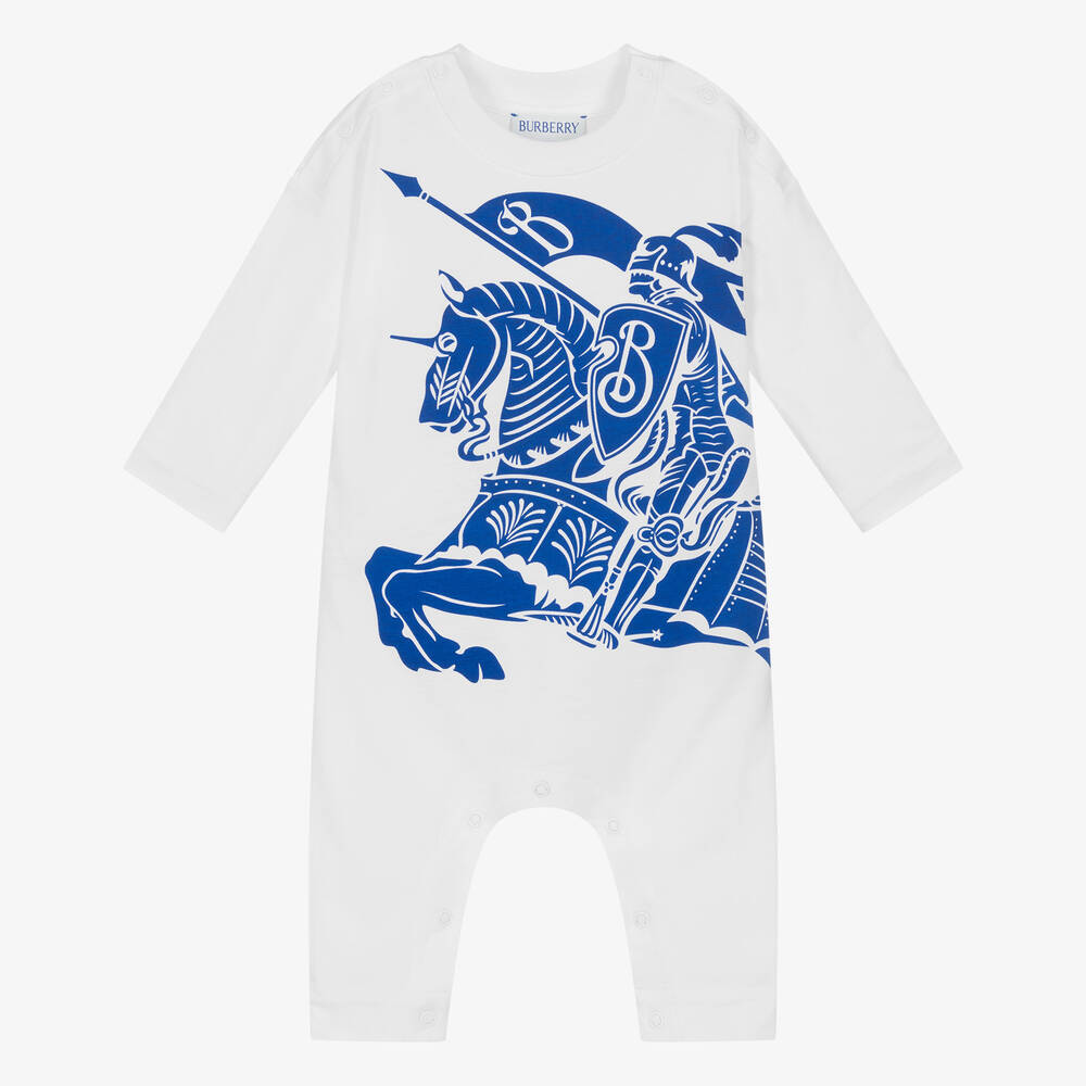 Burberry - أفرول رومبر EKD قطن لون أبيض وأزرق للمواليد | Childrensalon