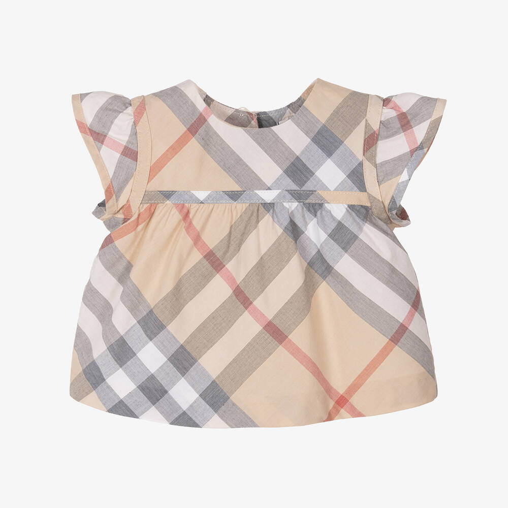 Shop Burberry Baby Girls Beige Check Cotton Blouse