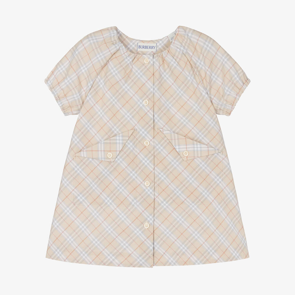 Burberry - Baby Girls Beige Check Cotton Dress | Childrensalon