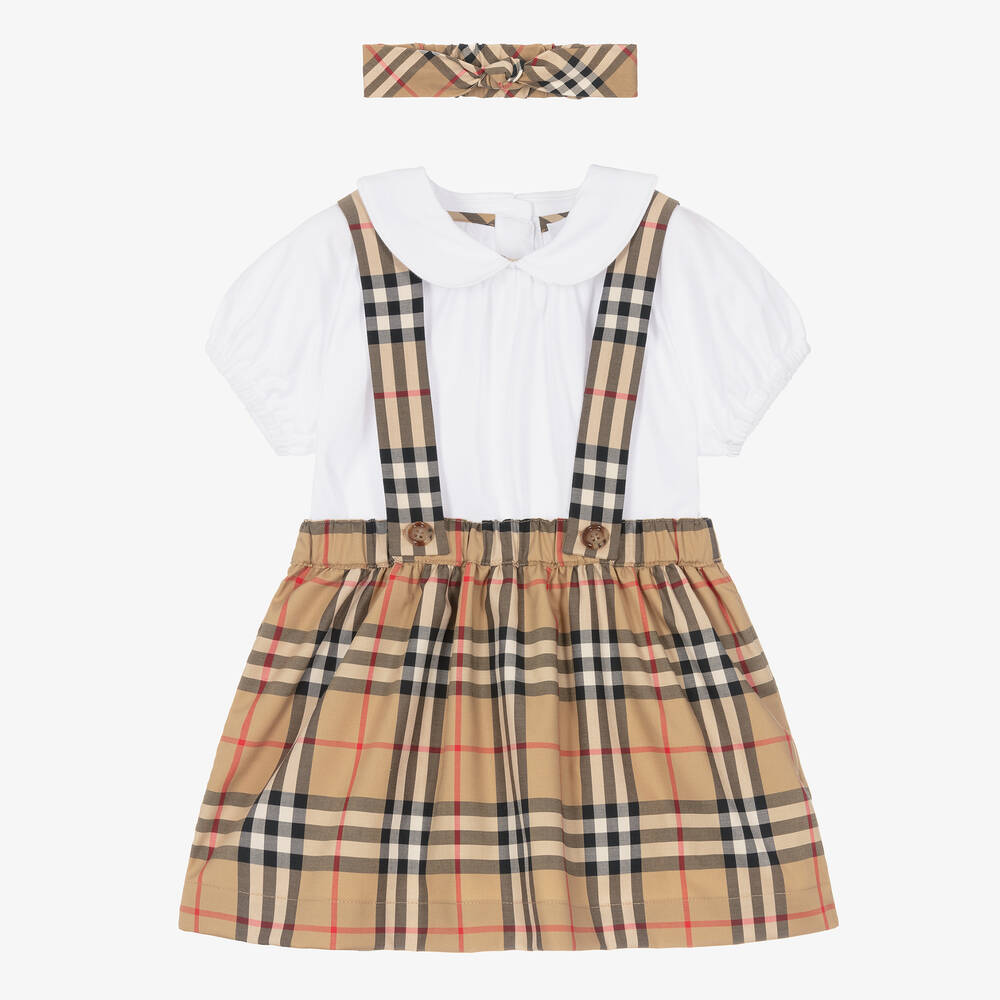 Burberry - Baby Girls Beige Check Cotton Skirt Set | Childrensalon