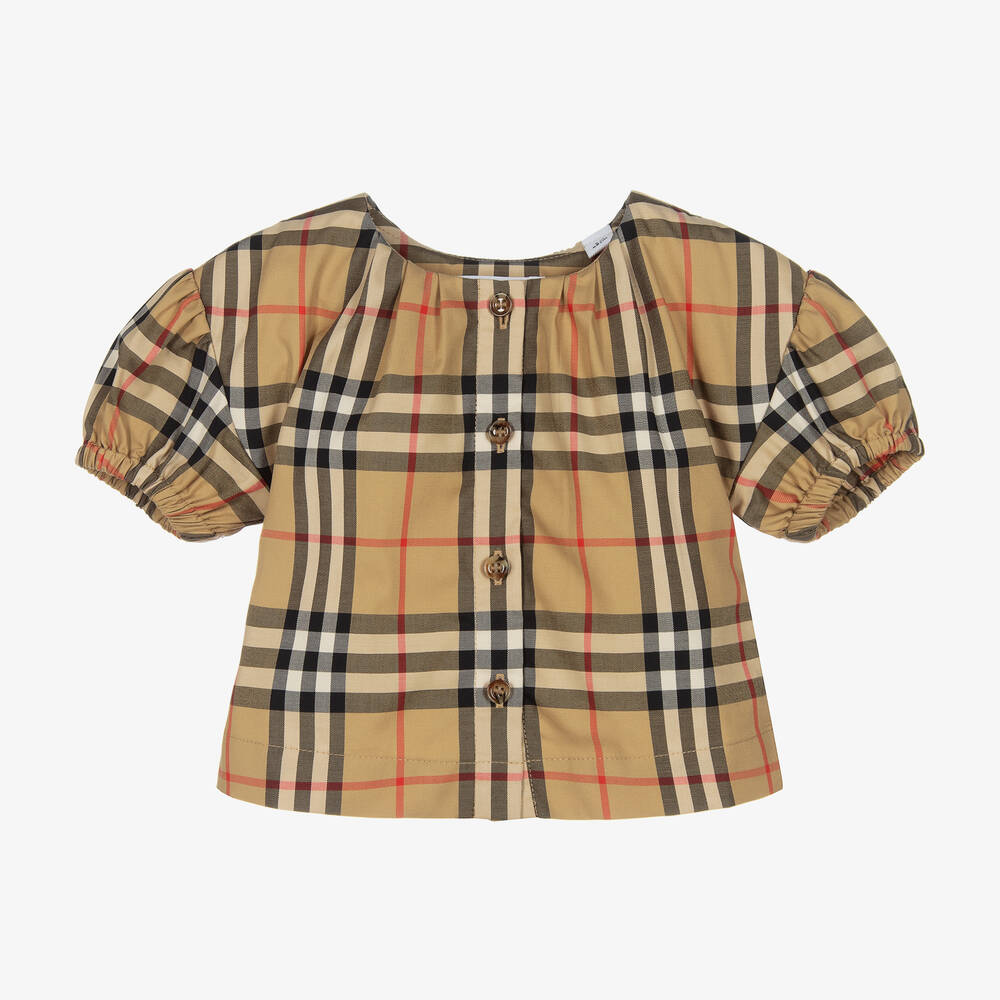 Shop Burberry Baby Girls Beige Cotton Check Blouse