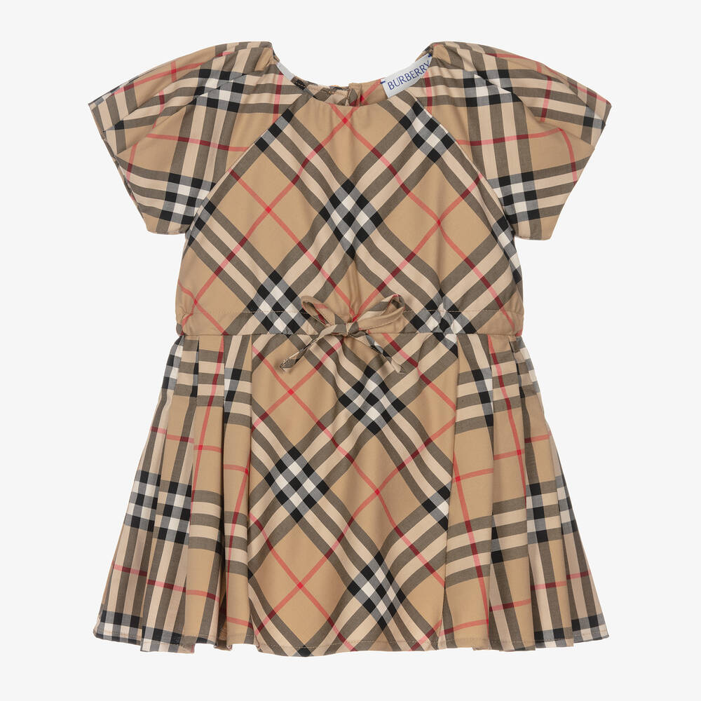 Burberry - Baby Girls Beige Cotton Check Bow Dress | Childrensalon