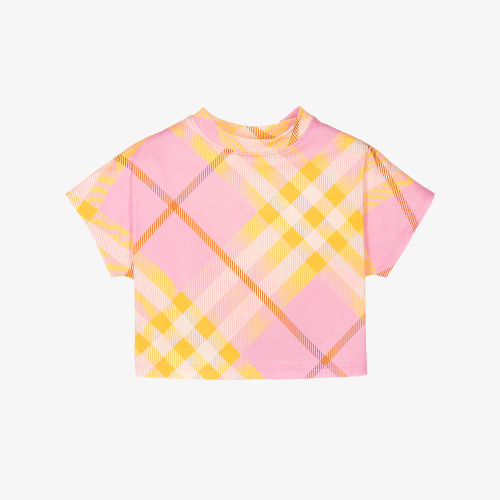 Shop Burberry Baby Girls Pink Check Cotton T-shirt