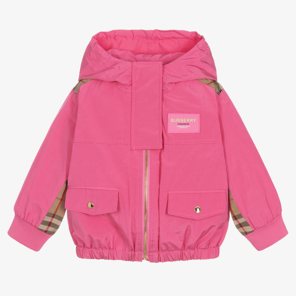 Burberry - Baby Girls Pink Vintage Check Hooded Jacket | Childrensalon