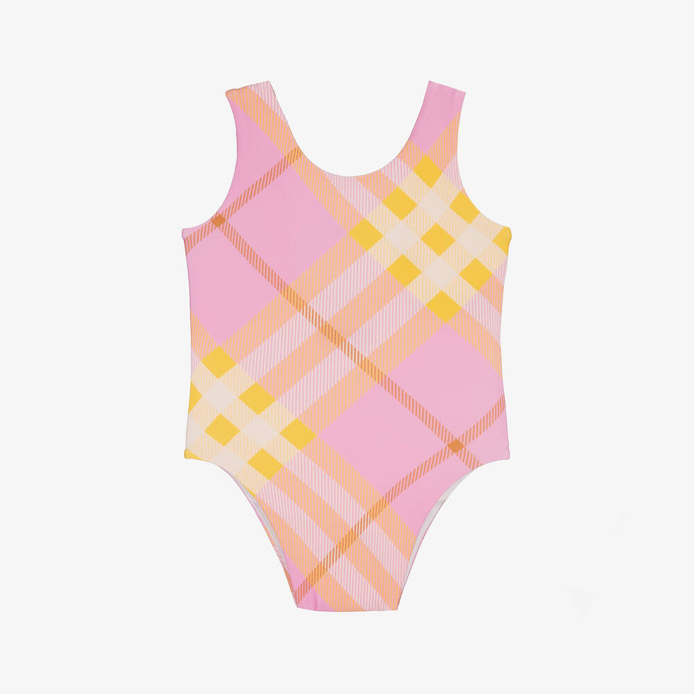 Shop Burberry Baby Girls Pink & Yellow Check Swimsuit