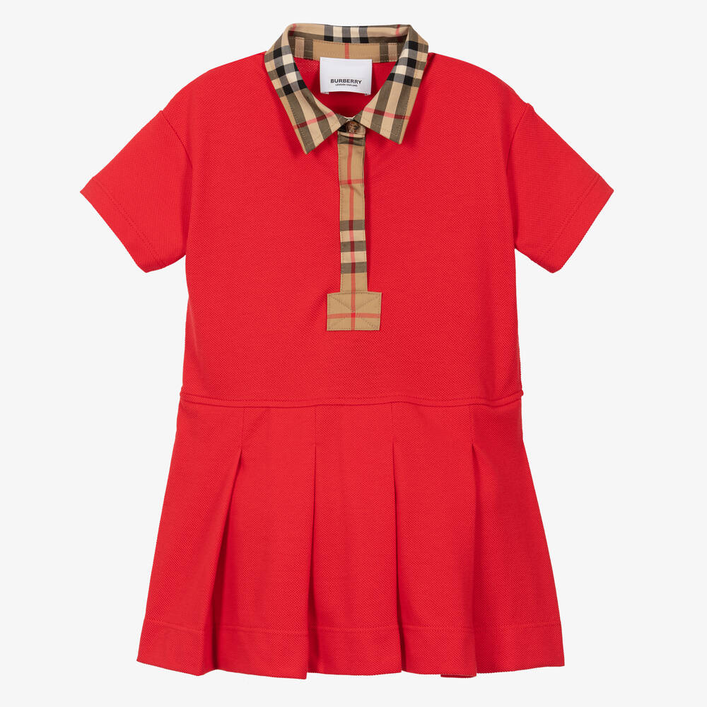 Burberry - فستان بولو قطن بيكيه كاروهات لون أحمر للمولودات | Childrensalon
