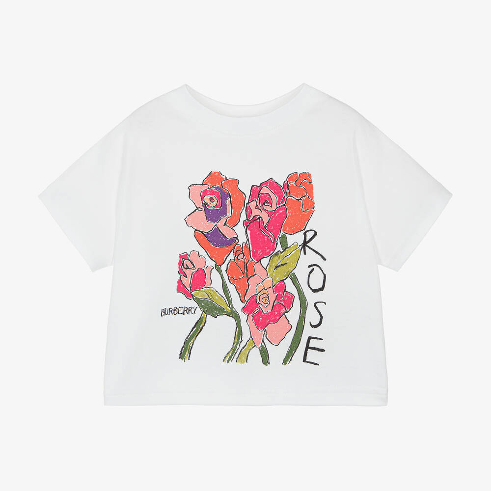 Burberry - Baby Girls White Cotton Rose T-Shirt | Childrensalon